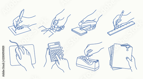 A variety of hands demonstrate common office tasks using stationery and tools.