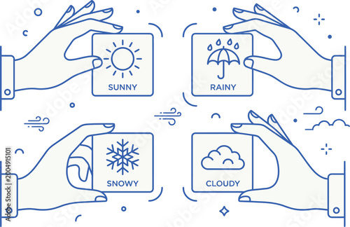 Hands present four distinct weather condition icons on square tiles against a starry sky.