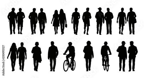 A group of people walking and riding bicycles