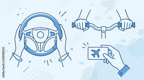 Hands interact with driving controls, bicycle handlebars, and a travel ticket for transportation options.