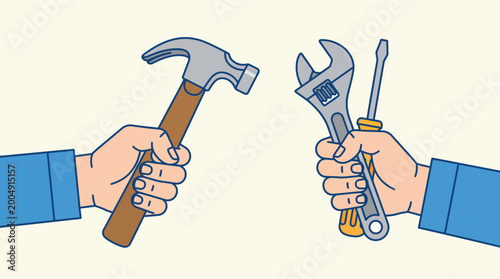 Two hands extend towards each other, one holding a hammer and the other a wrench and screwdriver.