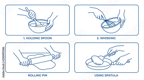 A set of line art illustrations show hands performing various cooking and baking tasks with utensils.