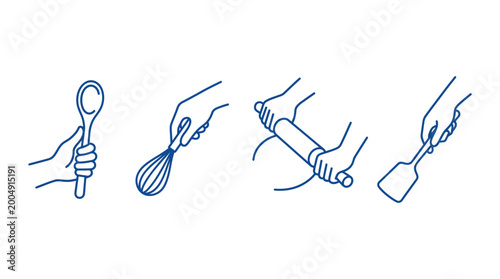 Four separate line drawings feature hands holding or using common kitchen utensils for cooking and baking.