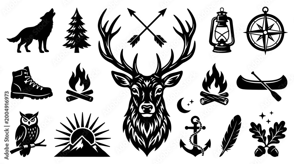 Fototapeta premium Black White Vector Icons of Deer, Wolf, and Outdoor Adventure Symbols