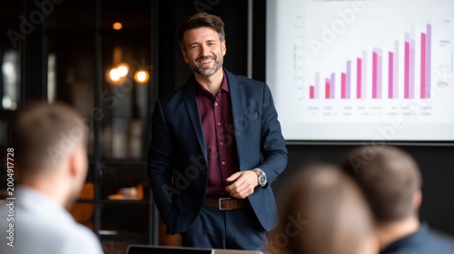 Professional man presenting business data in front of audience with bar graph and smiling in modern office environment
