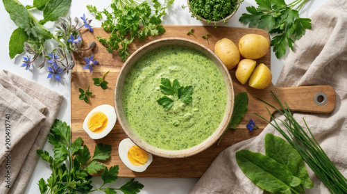 Grüne Soße Fresh Herb Sauce Rustic Flat Lay Farm-to-Table
