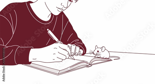 Quadro em tela Focused person writing in notebook as curious mouse watches