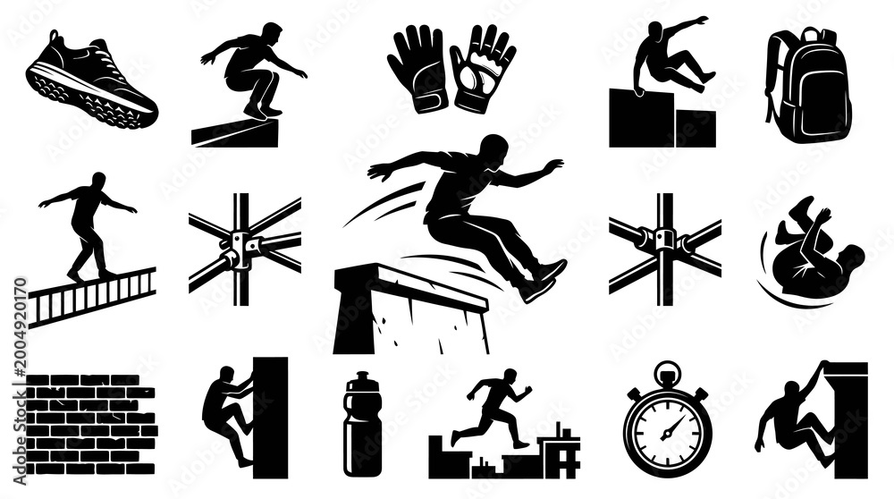 Obraz premium Parkour Icons: Athlete Silhouettes Jumping, Climbing, and Training with Gear