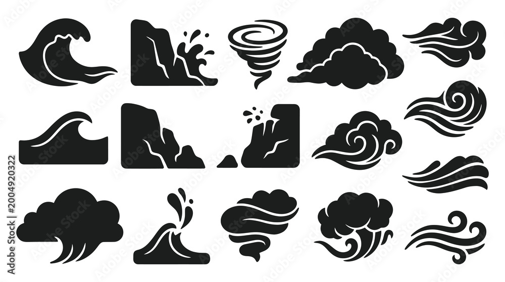 Naklejka premium Nature and Weather Elements Black White Glyph Icon Set