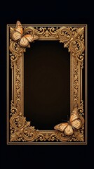 Antique gold picture frame on black background with realistic butterflies and ornate corners. Luxury vintage border for photography, portraits, and elegant home decor mockups.