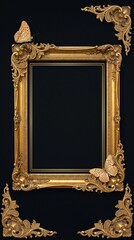 Antique gold picture frame on black background with realistic butterflies and ornate corners. Luxury vintage border for photography, portraits, and elegant home decor mockups.