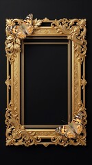 Antique gold picture frame on black background with realistic butterflies and ornate corners. Luxury vintage border for photography, portraits, and elegant home decor mockups.