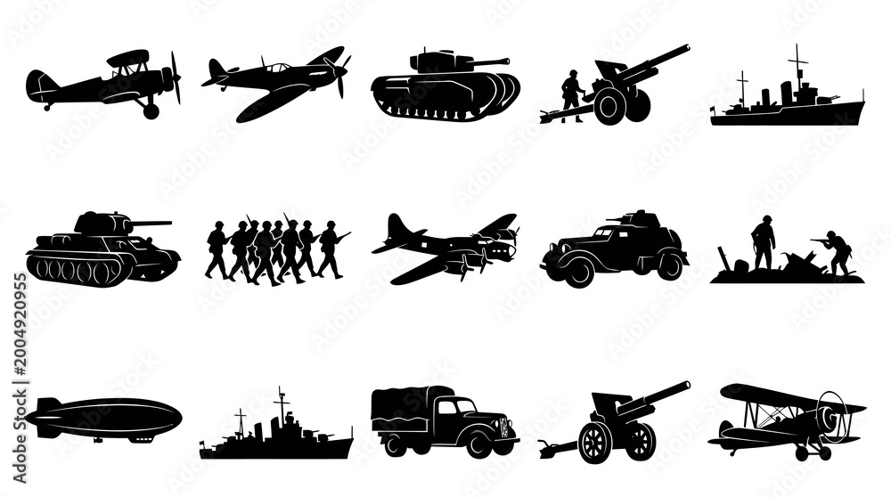 Fototapeta premium Black and White Silhouettes of Military Vehicles and Aircraft