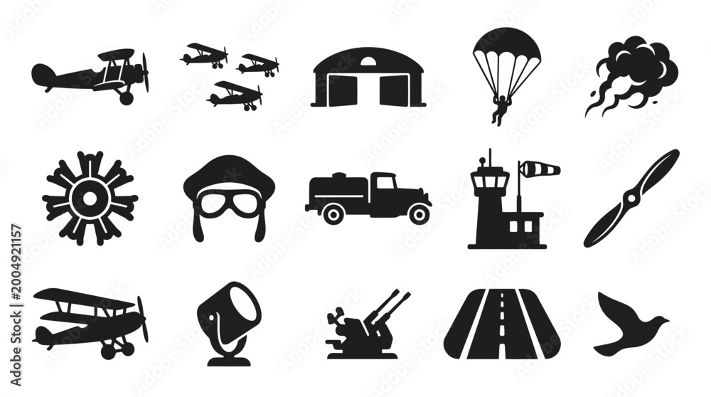 Fototapeta premium Aviation and Military Glyph Icons Set: Aircraft, Airport, Pilot Air Force Symbols