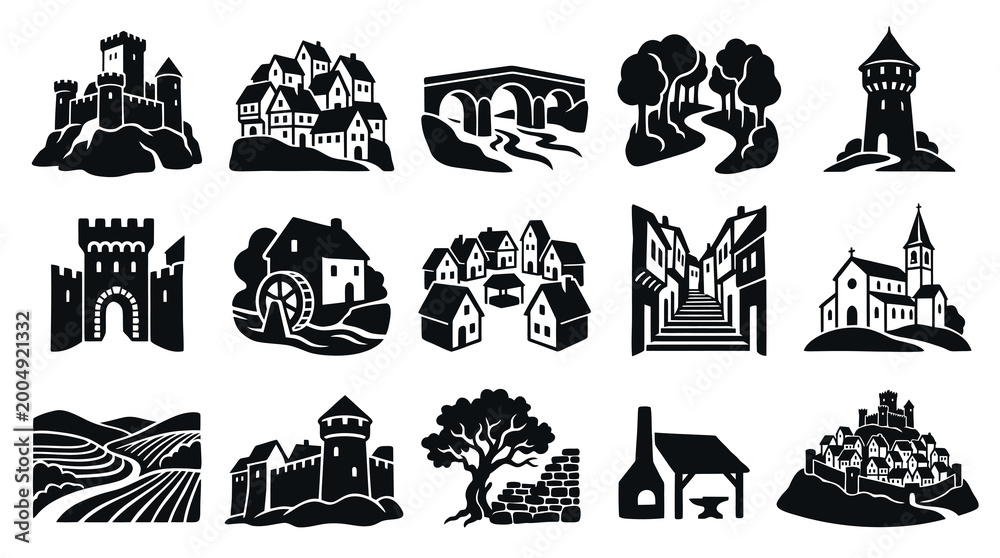 Obraz premium Medieval History Architecture Silhouette Glyphs. Castles, Villages, Buildings, Landmarks Icons