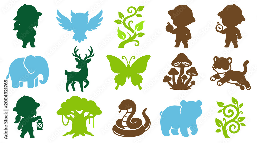 Fototapeta premium Nature, Wildlife, and Adventure Glyph Icons Set for Kids