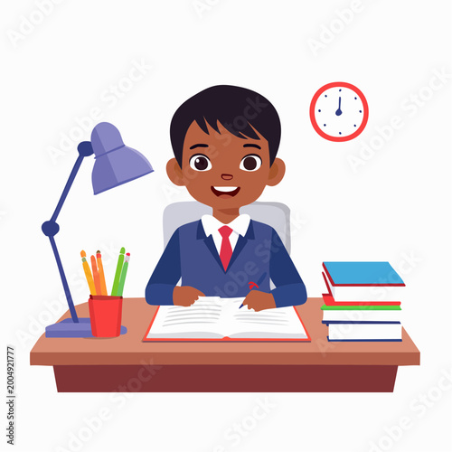 Boy Studying at Desk with Books and Lamp