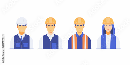 Construction workers avatars with safety helmets flat vector illustration