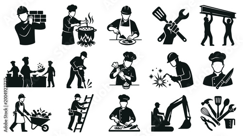 Black and White Icons of Workers in Construction, Cooking, and Mechanics Industries