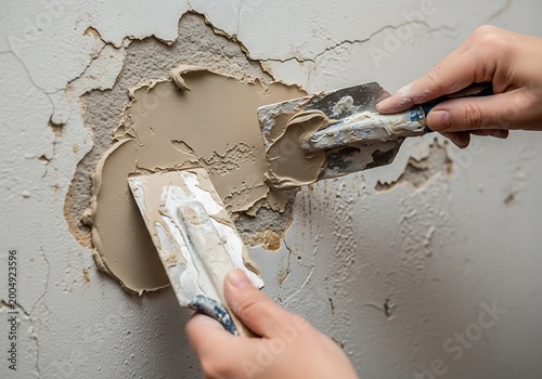 Hand applying plaster filler to cracked wall during home renovation