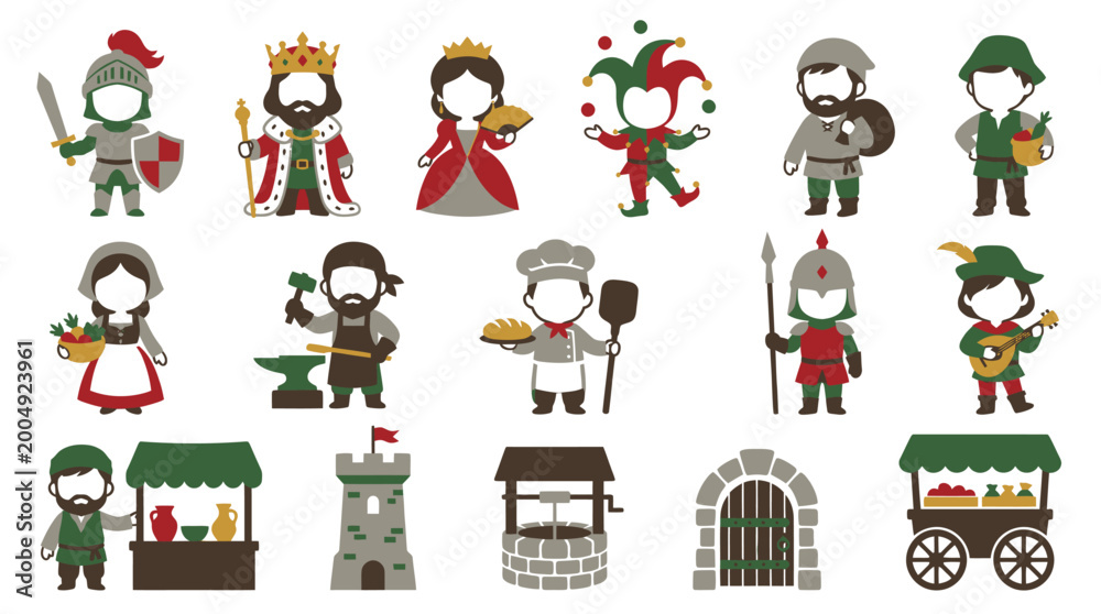 Naklejka premium Medieval History Flat Design Characters and Buildings Vector Art Collection