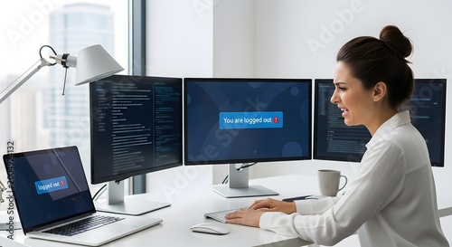 Frustrated businesswoman viewing 'logged out' error message on multiple screens