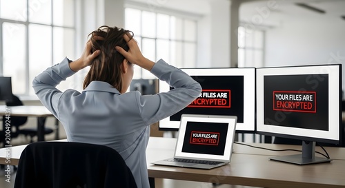 Frustrated businesswoman working at computer desk displaying security warning