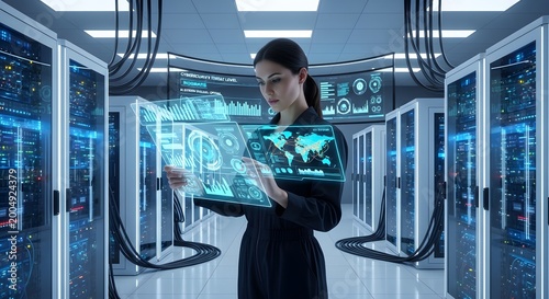 Futuristic woman examining holographic data in a server room