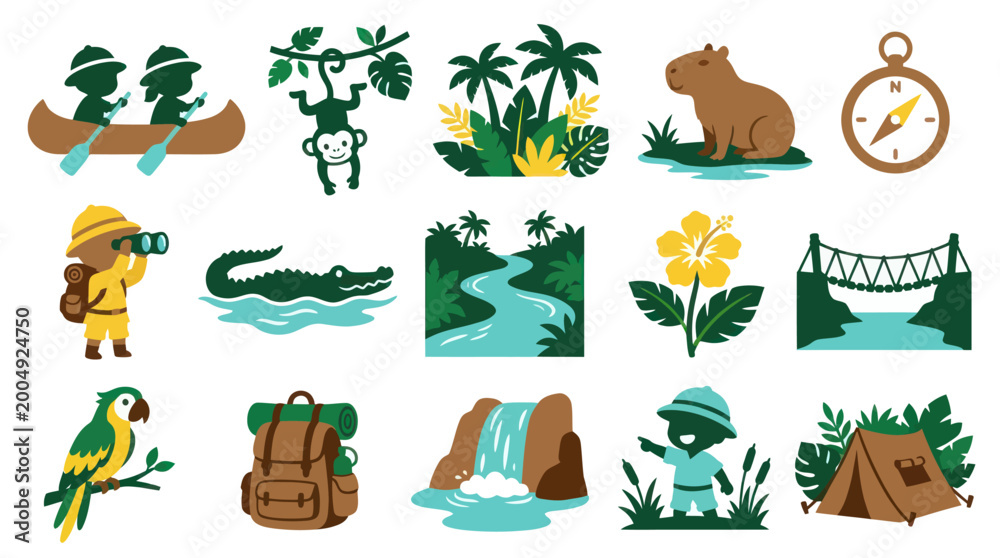 Obraz premium Jungle Adventure Flat Vector Illustration Set: Explorer Kids, Tropical Animals, Nature Icons