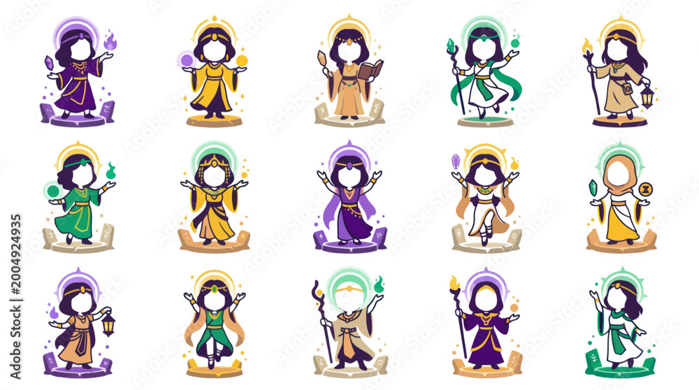 Fototapeta premium Cute Chibi Characters in Ancient Egyptian Religious Attire, Flat Vector Style