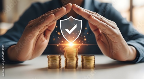 Hands holding shield icon over stacked gold coins success