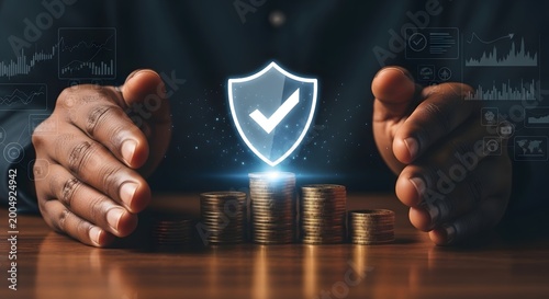 Hands holding shield icon representing security and success
