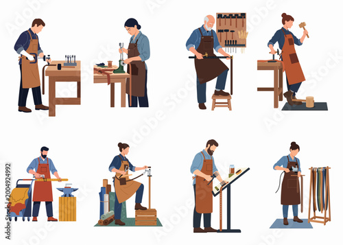 Photos Collection of professional leatherworkers and tanners crafting belts and accessories using traditional tools in a workshop setting, flat vector illustrations
