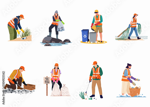 Valokuva Diverse volunteers participating in a beach cleanup, collecting plastic waste, litter, and fishing nets to protect the marine environment and coastal ecology