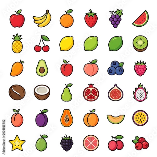 Colorful fruit icons illustration.