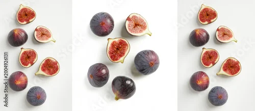 Panel kuchenny z motywem Collection of whole and sliced fresh purple figs arranged on a white background