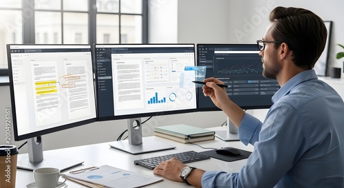Man analyzes data on multiple computer screens