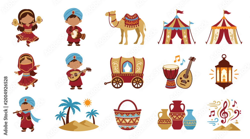 Fototapeta premium Arabic Culture Flat Design Icon Set: Desert Adventure, Traditional Characters, and Elements