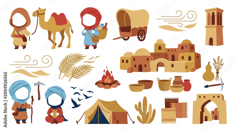 Fototapeta premium Desert Oasis Village Buildings Camel Caravan Flat Vector Icons