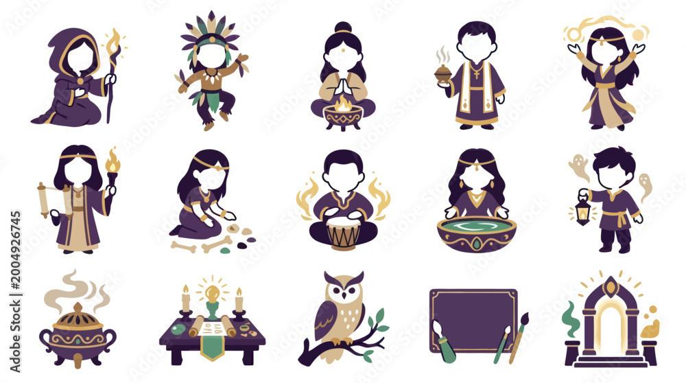 Obraz premium Mystical Characters, Symbols, and Elements, Flat Vector Style