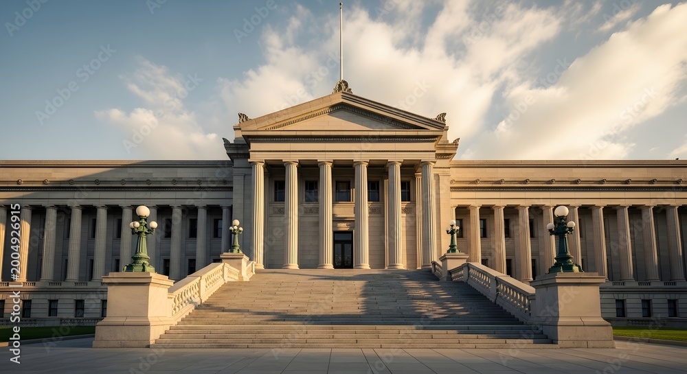 Fototapeta premium Neoclassical government building with stone columns and grand staircase, majestic courthouse architecture, historic museum facade under blue sky