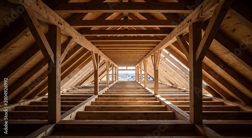 Interior view of a wooden roof frame under construction with timber beams