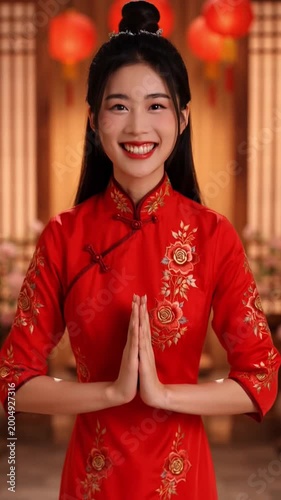 Young woman wearing red traditional dress in festive setting celebrating cultural traditions and heritage with joy