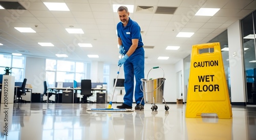 Man cleaning wet floor in modern office environment