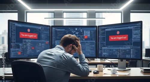 Man frustrated at computer screens after technical failure