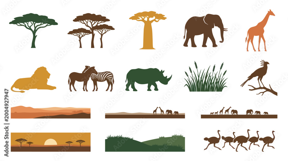 Fototapeta premium African Safari Wildlife Animals Trees Flat Silhouette Vector Collection