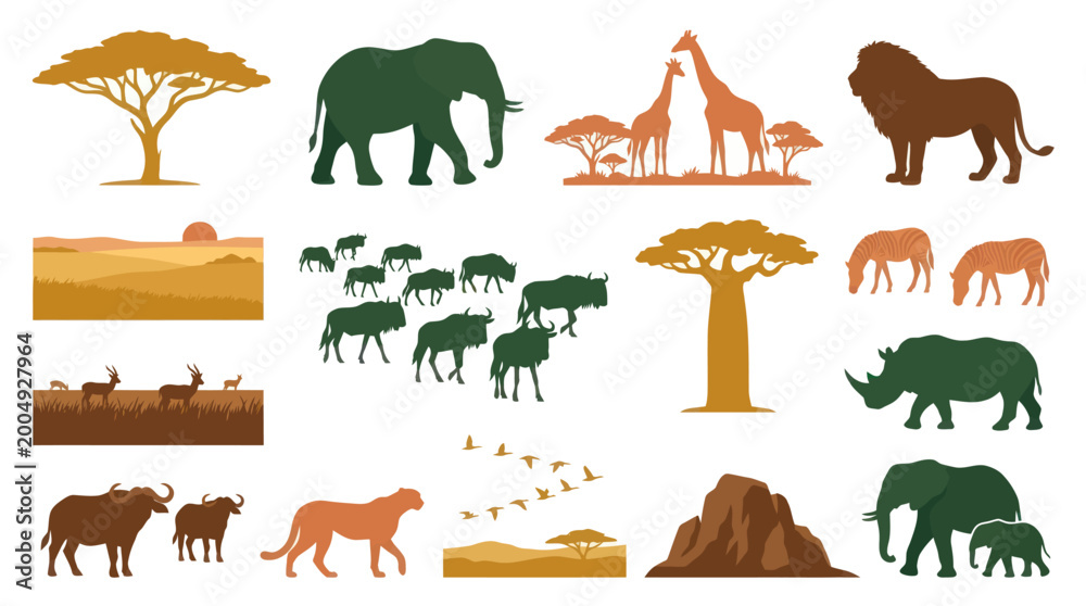 Fototapeta premium African Safari Wildlife Animals and Landscape Vector Icons Flat Style
