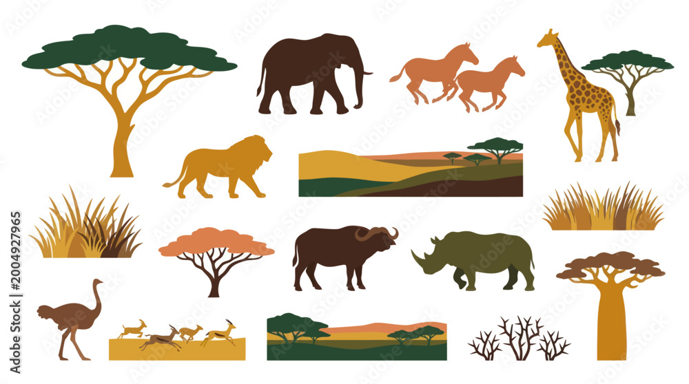 Fototapeta premium African Savannah Animals and Trees Flat Vector Icons Set