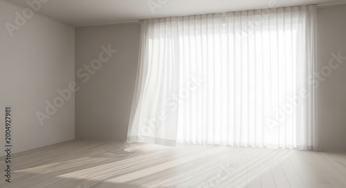 Minimalist empty room with white sheer curtains and natural sunlight