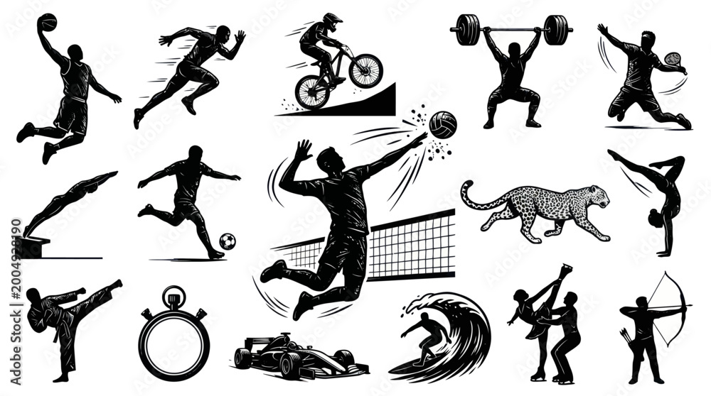 Fototapeta premium Dynamic Sports Athletes Activities Set - Black White Vector Illustrations